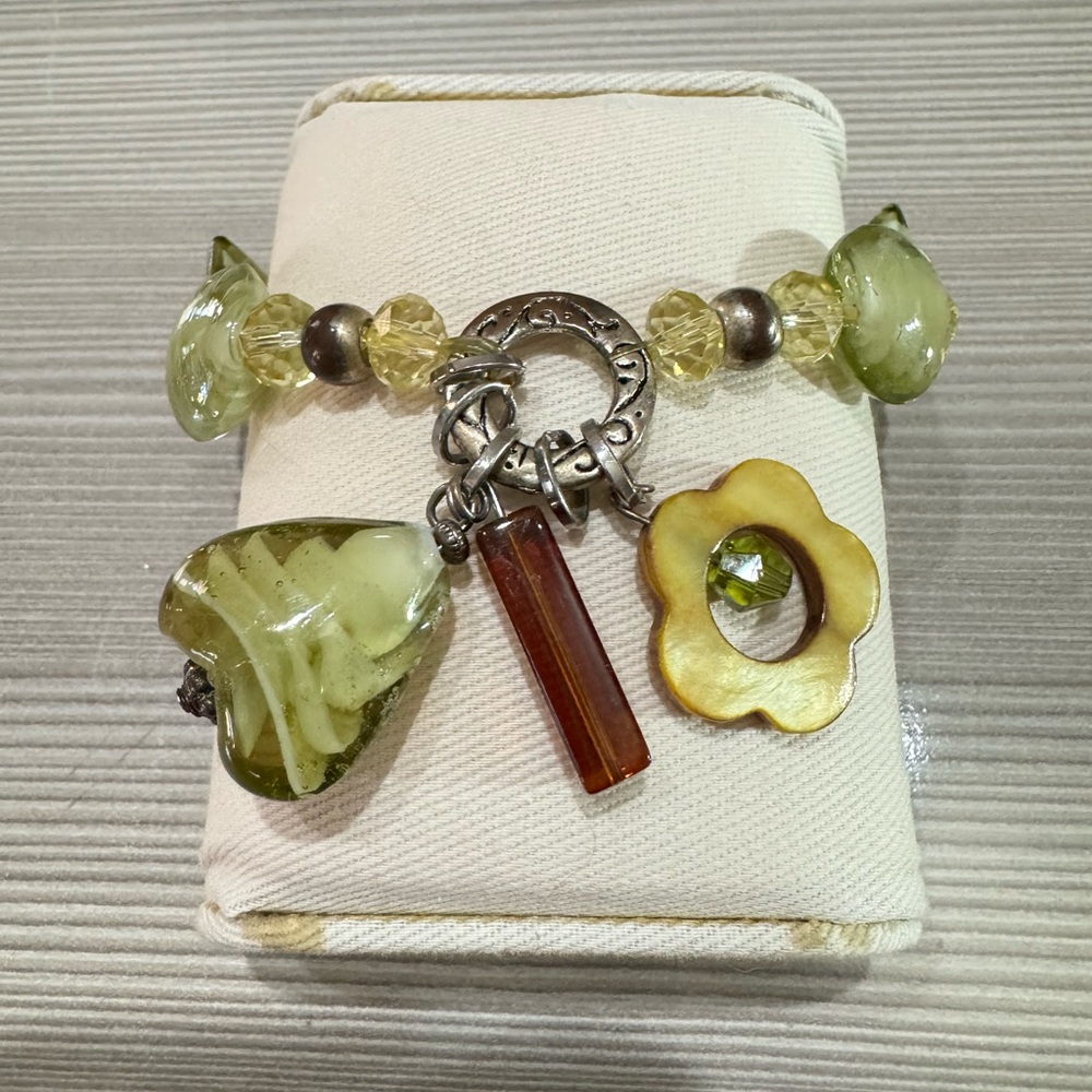 Glass Bead Bracelet with Heart and Flower Charms